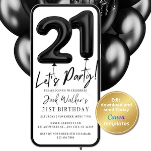Modern Minimalist Black and White 21st Birthday Party Invite - Editable Template - Instant Download for Men and Women