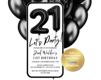 Modern Minimalist Black and White 21st Birthday Party Invite - Editable Template - Instant Download for Men and Women