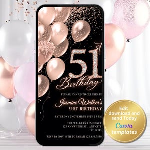 Digital 51st Birthday Party Invitation, Rose Gold Invite, Phone Text Message, Digital Invite, Editable Template, Instant Download