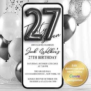 Minimalist 27th Birthday Party Invitation – Modern Twenty Seven Digital Party Evite | Editable Black and White Invite – Instant Download