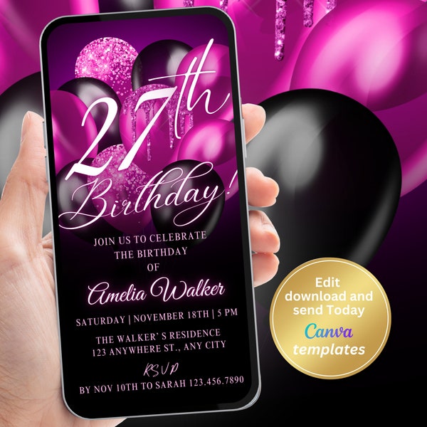 Digital 27th Birthday Invitation for Women, Black Hot Pink, Phone Text Message, Digital Invite, Editable Template, Instant Download