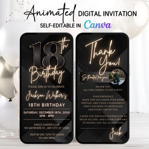 Animierte 18. Geburtstagseinladung für Ihn - Bearbeitbares Video Evite, Dankeskarte - Digitale 18. Party einladen - Musik hinzufügen - Sofort-Download