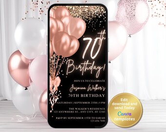 70th Birthday Invitation, Black Rose Gold, Smartphone Evite (Digital Download, Editable Canva Template)