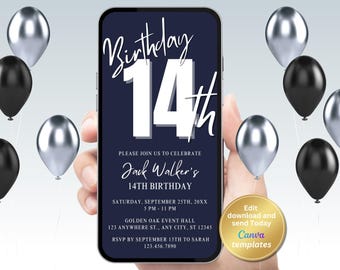 Faire-part de fête d'anniversaire numérique 14e anniversaire pour garçon adolescent, téléchargement immédiat
