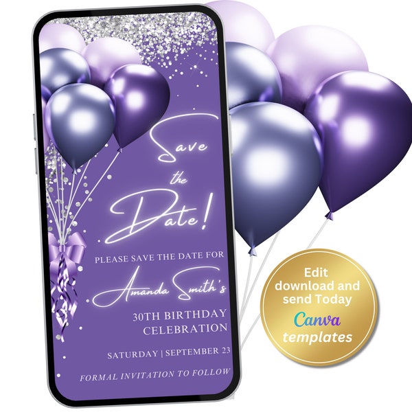 Digital Purple Save The Date Invitation, Phone Text Message Evite, Editable Template, Instant Download