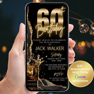Digitale Einladung zum 60. Geburtstag von Männern, schwarz & Gold, Whisky-Thema für Ihn, Sofort Download