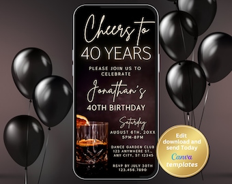 40th Birthday Invitation, Cheers to 40 Years, Editable Canva Template, Milestone Birthday, Digital Download
