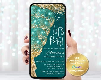 Digital Teal Gold Birthday Invitation, Editable Template, Instant Download