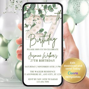 Digital 27th Birthday Party Invitation, Women 27th Birthday, Phone Text Message, Digital Invite, Editable Template, Instant Download