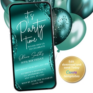 Invito di compleanno digitale Glam Teal, onda glitterata verde acqua, invito elettronico per messaggio di testo telefonico, modello modificabile, download immediato