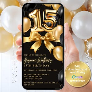 Invitación digital para el 15.° cumpleaños: fiesta del 15.° cumpleaños, temática en negro y dorado, invitación para teléfono, plantilla editable, descarga instantánea