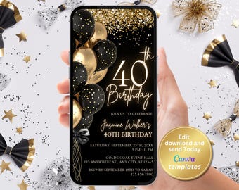 Black Gold 40.Geburtstagseinladung Vorlage, digitale Einladung, Sofort Download