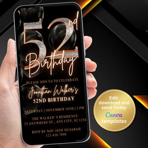 Digital 52nd Birthday Invitation Template, 52nd Bday Invite, Phone Text Message, Digital Invite, Editable Template, Instant Download