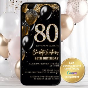 Elegant Black Gold 80th Birthday Invite – 80th Birthday Women, Digital Black Gold Invite, Milestone Birthday Party Evite, Instant Download