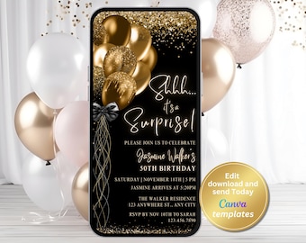 Digital Black Gold Surprise Birthday Party Invitation, Phone Text Message, Editable Template, Instant Download
