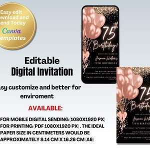 Digital 75th Birthday Party Invitation, Black Rose Gold, Phone Text ...