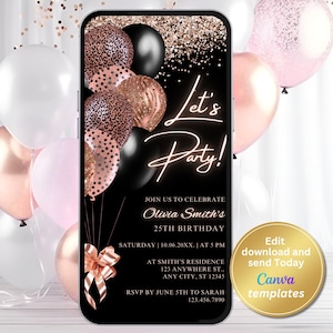Digital Black Rose Gold Birthday Party Invitation, Electronic Phone Text Message, Evite, Editable Template, Instant Download