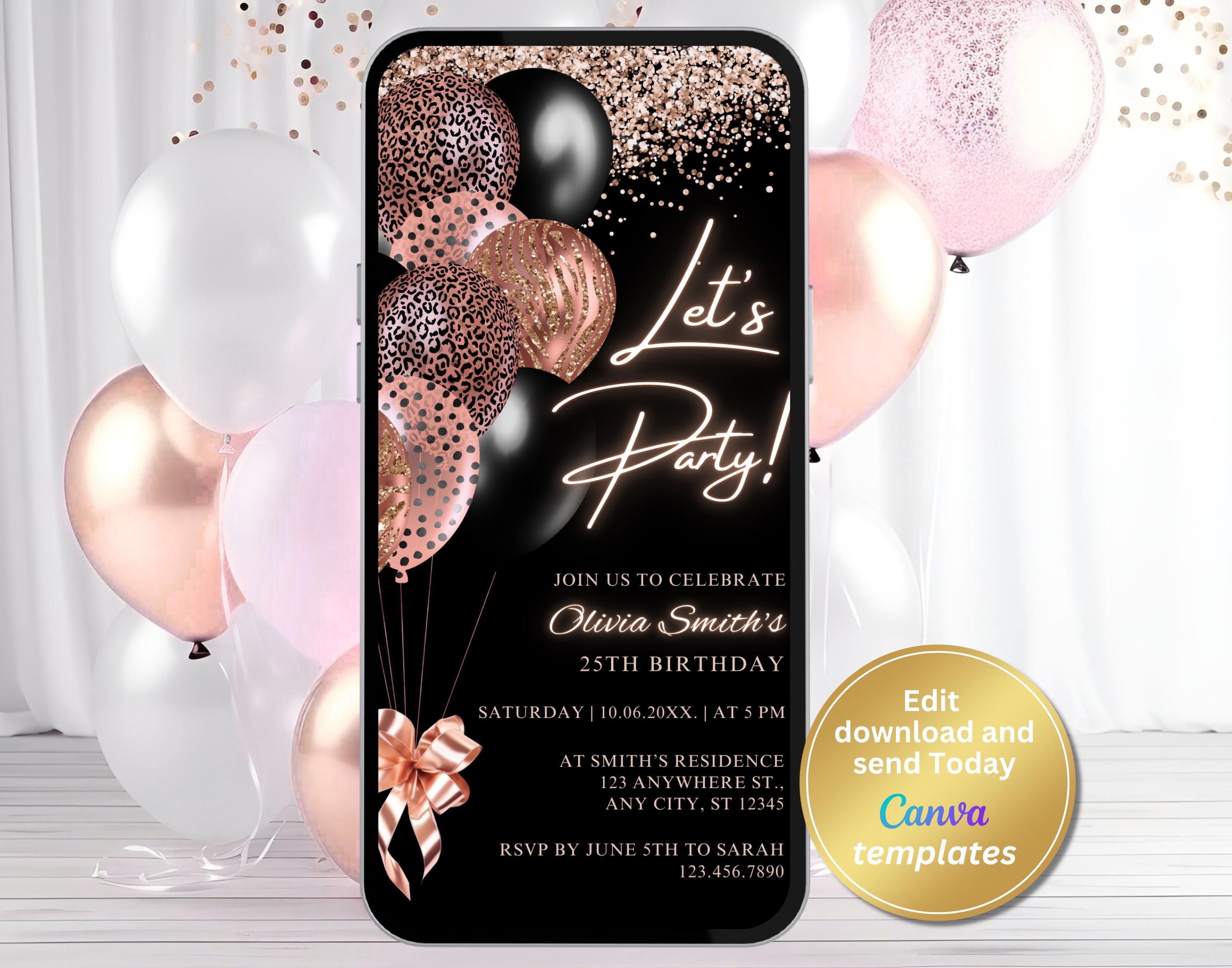 Digital Black Rose Gold Birthday Party Invitation, Electronic Phone Text Message, Evite, Editable Template, Instant Download