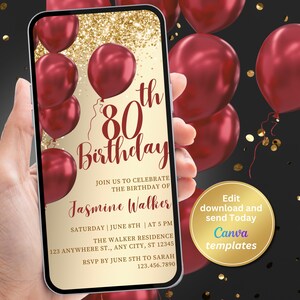 Digital 80th Birthday Party Invitation, Red and Gold Invite, Digital Invite, Editable Template, Instant Download