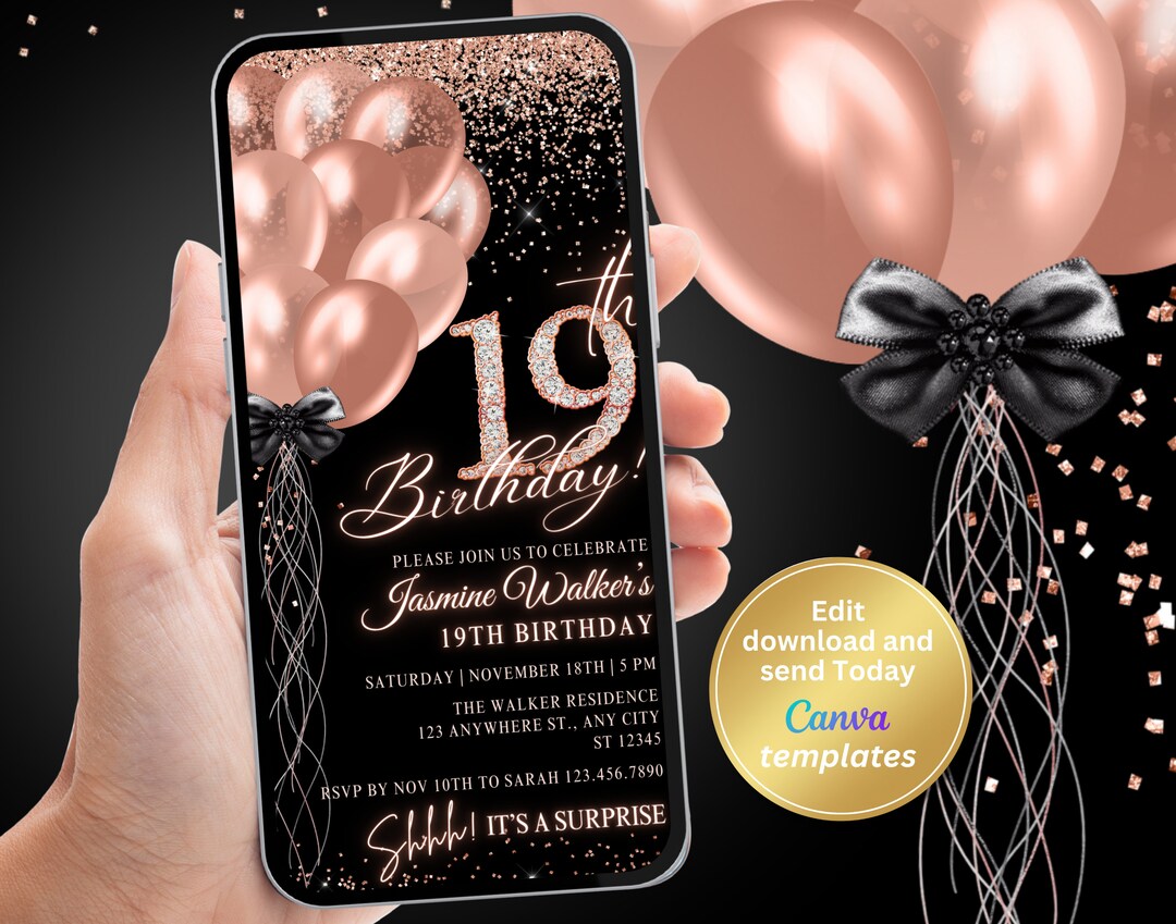 Digital 19th Birthday Party Invitation for Girl, Surprise & Regular ...