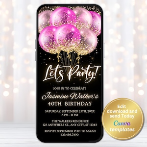 Digital Black Pink Birthday Party Invitation, Phone Text Message Evite, Editable Template, Instant Download