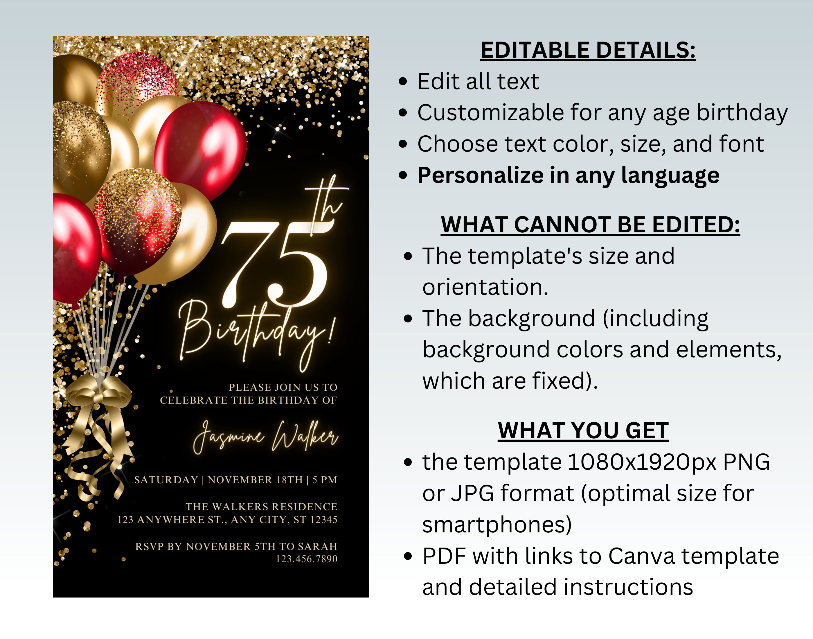 Red and Gold 75th Birthday Party Invitation - Editable Digital Evite ...