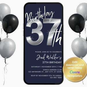 Editable Digital 37th Birthday Invitation with Navy Blue Background - Silver Numbers - Instant Download - Men&#39;s Party Invite
