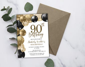 Black and Gold 90th Birthday Invite, Editable 5x7 Digital Template for Birthday Dinner, Brunch, or Party, Printable or Text Message Invite