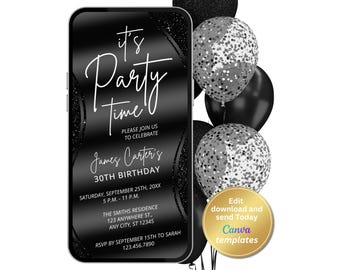 Modern Black Birthday Invitation, Minimalist Party Invite, All Black Celebration, Editable Canva Template