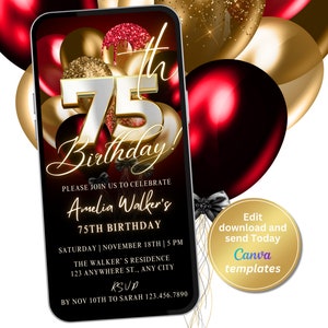 Faire-part de fête numérique 75e anniversaire pour femme, invitation or rouge, SMS téléphonique, invitation numérique, modèle modifiable, téléchargement immédiat