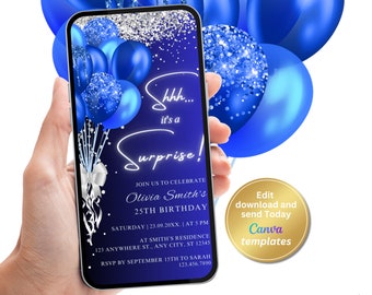 Digital Surprise Birthday Party Invitation, Blue Silver Surprise Invite, Editable Template, Evite, Instant Download, Phone Evite
