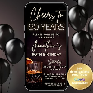 Editable Whiskey Theme Men&#39;s 60th Birthday Party Invitation - Cheers to 60 Years! Editable for Any Age -for Men&#39;s Birthday, Instant Download