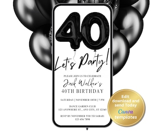 Plantilla moderna y minimalista para invitación de cumpleaños número 40, descarga instantánea.