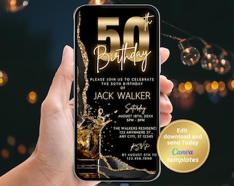 Uitnodiging voor een 50e verjaardag voor mannen, whiskythema, zwart-gouden digitale uitnodiging, bewerkbare Canva-sjabloon, verjaardagsfeest-e-uitnodiging