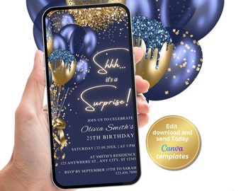 Digitale Überraschung Geburtstagsparty Einladung, Navy Gold Surprise Invite, bearbeitbare Vorlage, Evite, Sofort Download, Telefon Evite, E-Invite