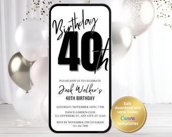 Minimalist 40th Birthday Invitation, Digital Invite, Editable Template, Instant Download