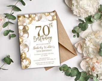 May include: A 70th birthday invitation with gold and white balloons and the text "70th Birthday." The invitation includes the name "Kimberly Walker's" and event details. A brown envelope and white flowers are in the background.
