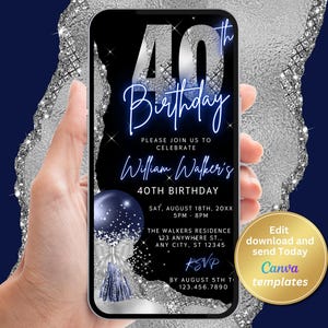 Digitale Männer 40. Geburtstagseinladung, Silber und Blau 40. Geburtstagsfeier einladen für Ihn, elegant & editierbar, Sofort Download