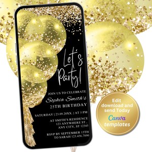 Invitación digital a fiesta de cumpleaños en amarillo negro, invitación a teléfono móvil, plantilla editable, cualquier edad, Evite, descarga instantánea, invitación a fiesta
