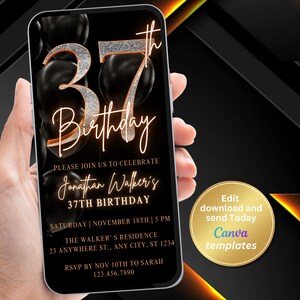 Digital 37th Birthday Invitation Template, 37th Bday Invite, Phone Text Message, Digital Invite, Editable Template, Instant Download