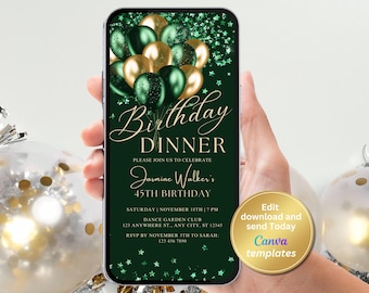 Emerald Green Gold Balloon Birthday Dinner Invitation, Elegant Birthday Invite Template, Editable Canva Evite, Digital Download