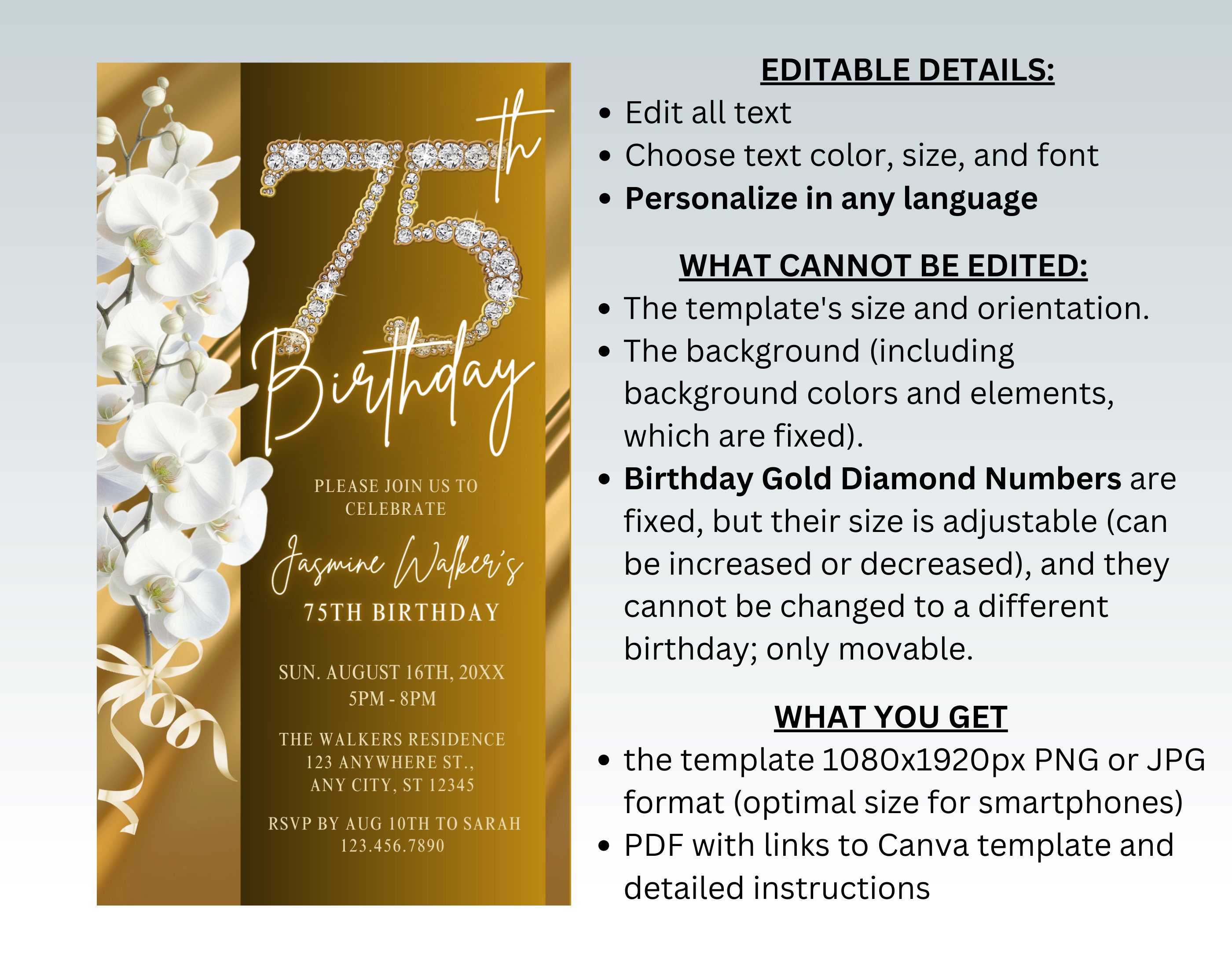 Elegant Women's 75th Birthday Party Invitation With Gold Diamond ...