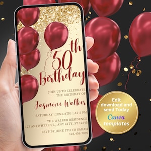 Digitale 50e verjaardag uitnodiging voor feest, rode en gouden uitnodiging, digitale uitnodiging, bewerkbare sjabloon, Instant Download