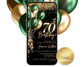 Faire-part 70e anniversaire or vert émeraude, modèle numérique élégant, téléchargement immédiat