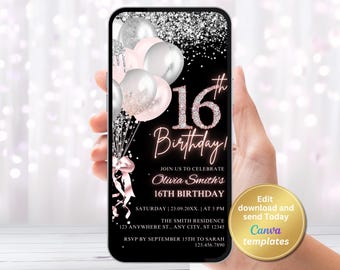 Invitación digital para 16 años, plantilla editable para teléfono, descarga instantánea