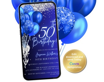 Digitale 50. Geburtstags-Party-Einladung, Königsblau, Silber, Telefon-SMS-Nachricht, bearbeitbare Vorlage, Sofortiger Download