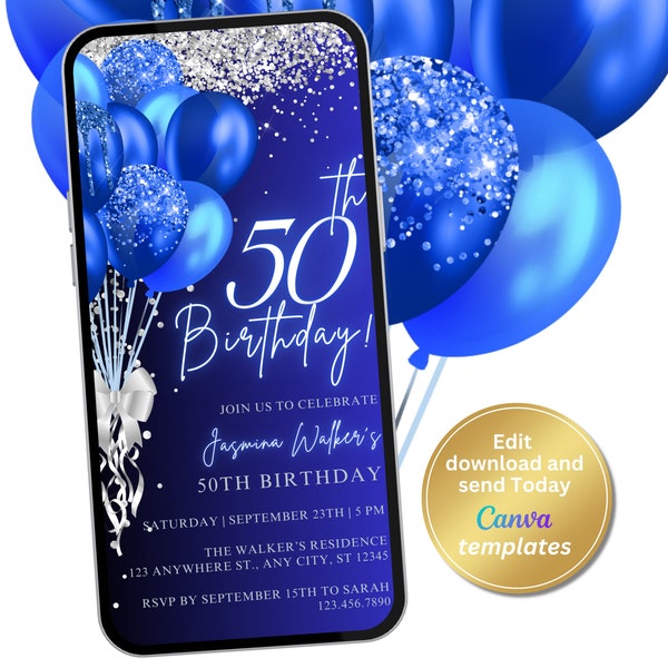 Digital 50th Birthday Party Invitation, Royal Blue, Silver, Phone Text Message Evite, Editable Template, Instant Download