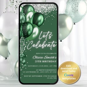 Green Birthday Invitation for Women – Emerald and Silver Glitter Balloons – Editable Digital Dinner Party Invite – Summer Garden Celebration