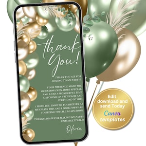 Cartão de agradecimento digital Sage Green Birthday, mensagem de agradecimento Sage Green Gold, modelo editável, download instantâneo