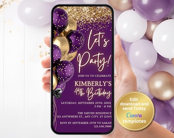 Digital Birthday Party Invitation, Purple and Gold Elegant Birthday Template, Editable for Any Age, Phone Text Evite, Instant Download